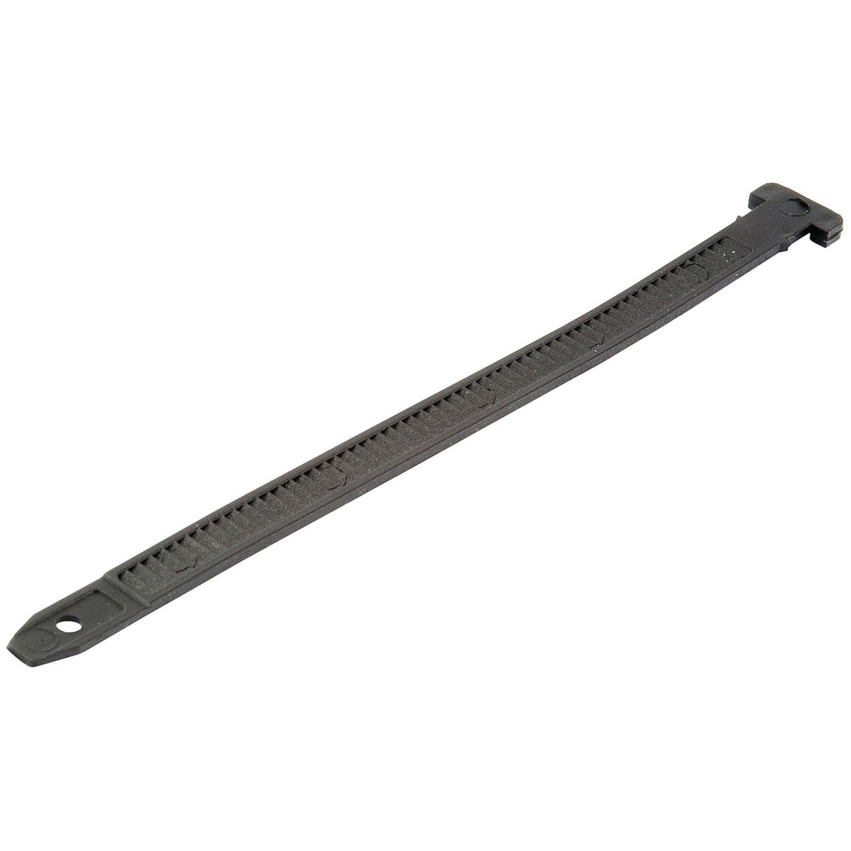 The Sparex BLACK TAIL LONG - PACKAGING zip tie (Part No. S.22076) features a notched strap and a rectangular head, making it perfect for securely fastening various items and ideal for efficient packaging solutions.