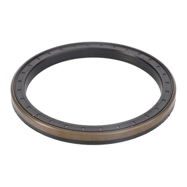 A circular metal and rubber oil seal, renowned for its reliable performance in machinery and automotive applications, typical of genuine seals found in Massey Ferguson models, specifically the Massey Ferguson - Oil Seal, Front Axle - 053850R1 by AGCO, positioned against a white background.
