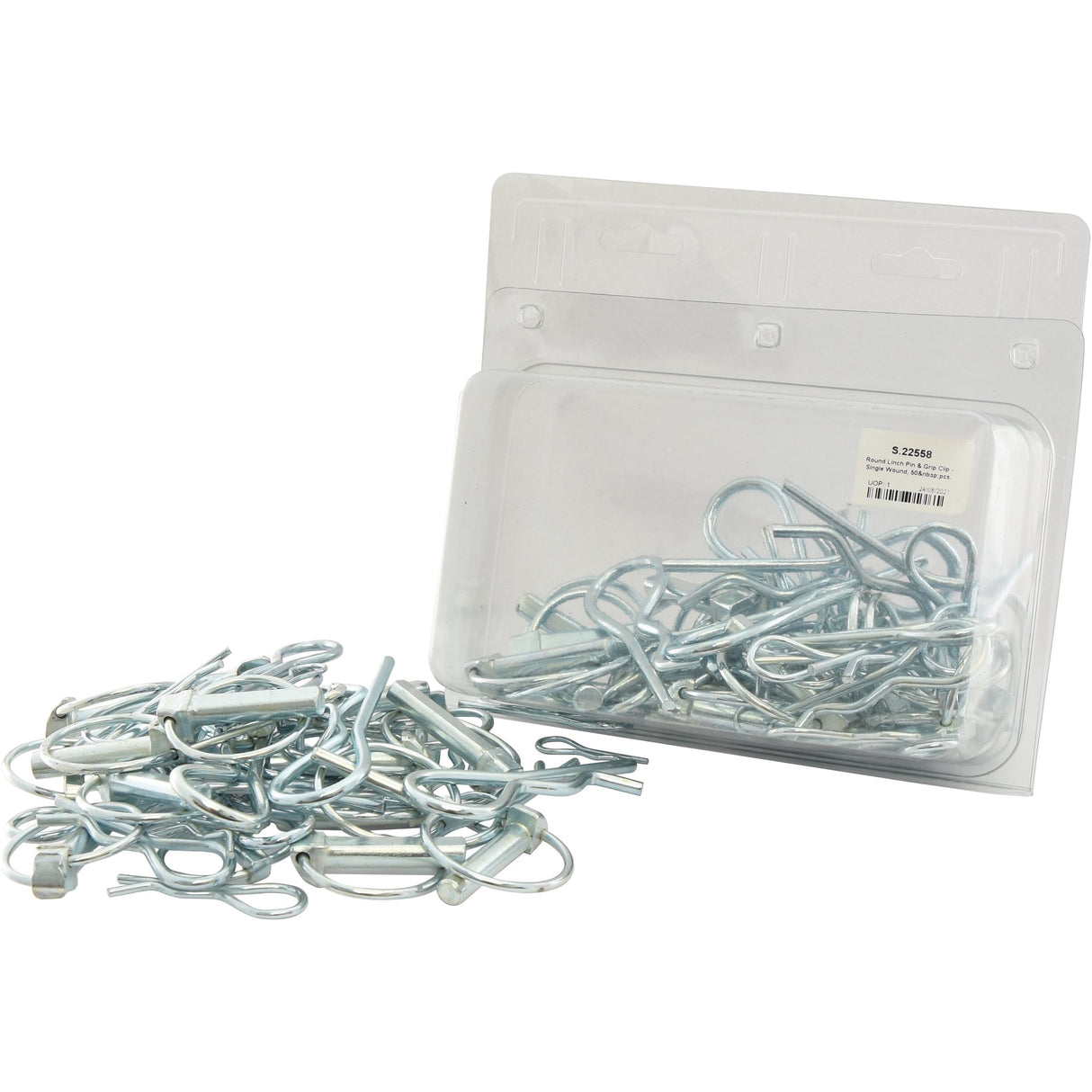 A pile of silver cotter pins next to an opened Sparex Round Linch Pin & Grip Clip - Single Wound, 50 pcs. Agripak (Sparex Part No.S.22558) package.