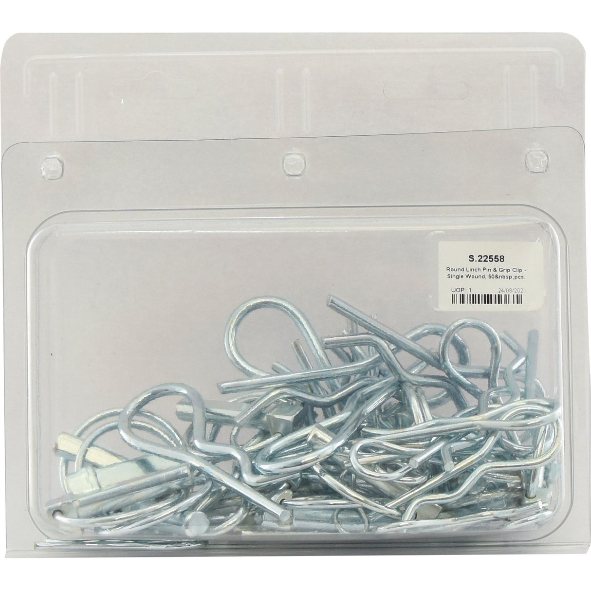 A clear plastic packaging from Agripak, containing 50 pieces of Round Linch Pin & Grip Clip - Single Wound, branded by Sparex (Part No. S.22558). The package includes a label with detailed product information.