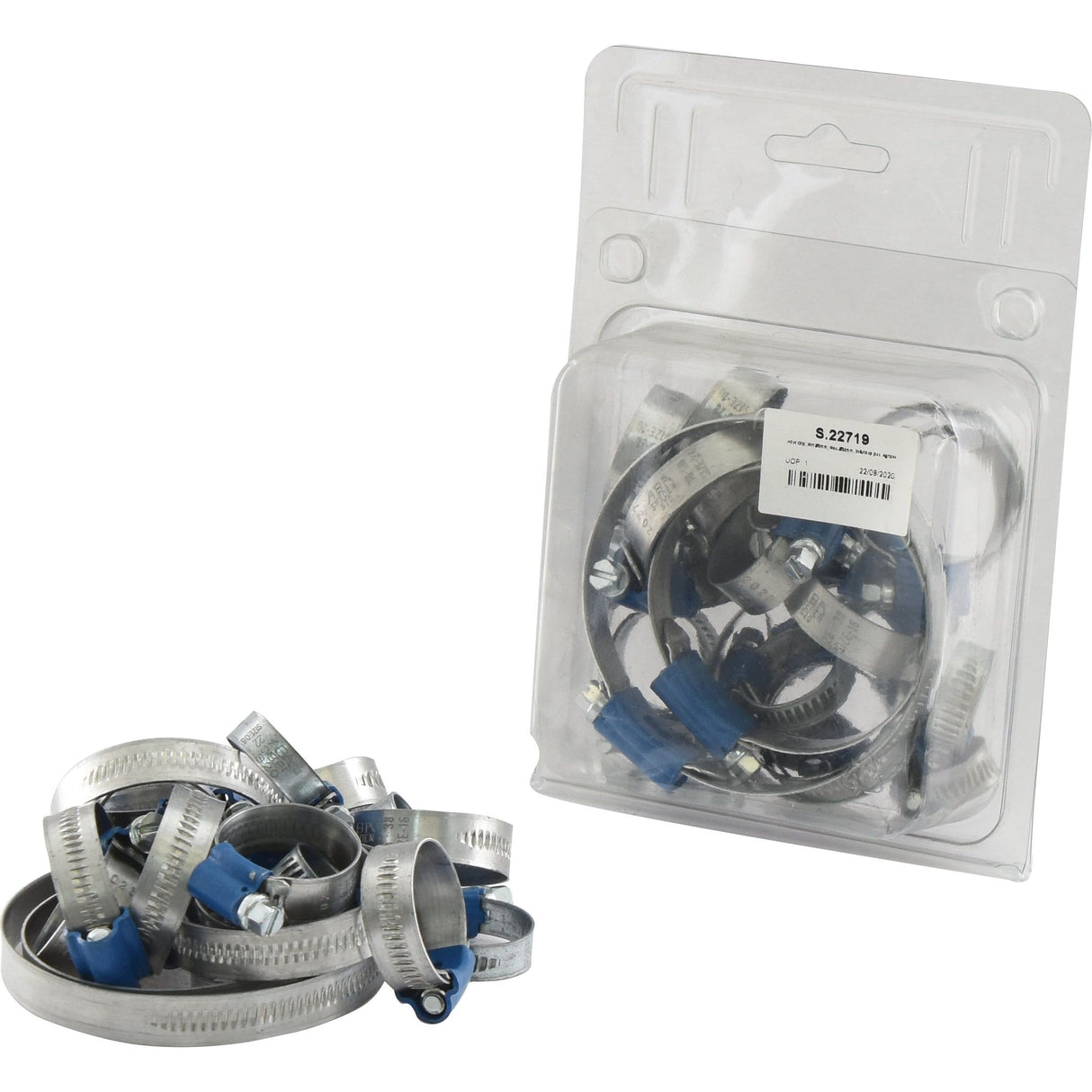 A set of Sparex Hose Clips (Min Ø8mm, Max. Ø85mm, 20 pcs. Agripak., Sparex Part No.S.22719) is displayed both inside and outside of clear plastic packaging. These Worm Drive Hose Clamps feature adjustable screws and blue screw handles.