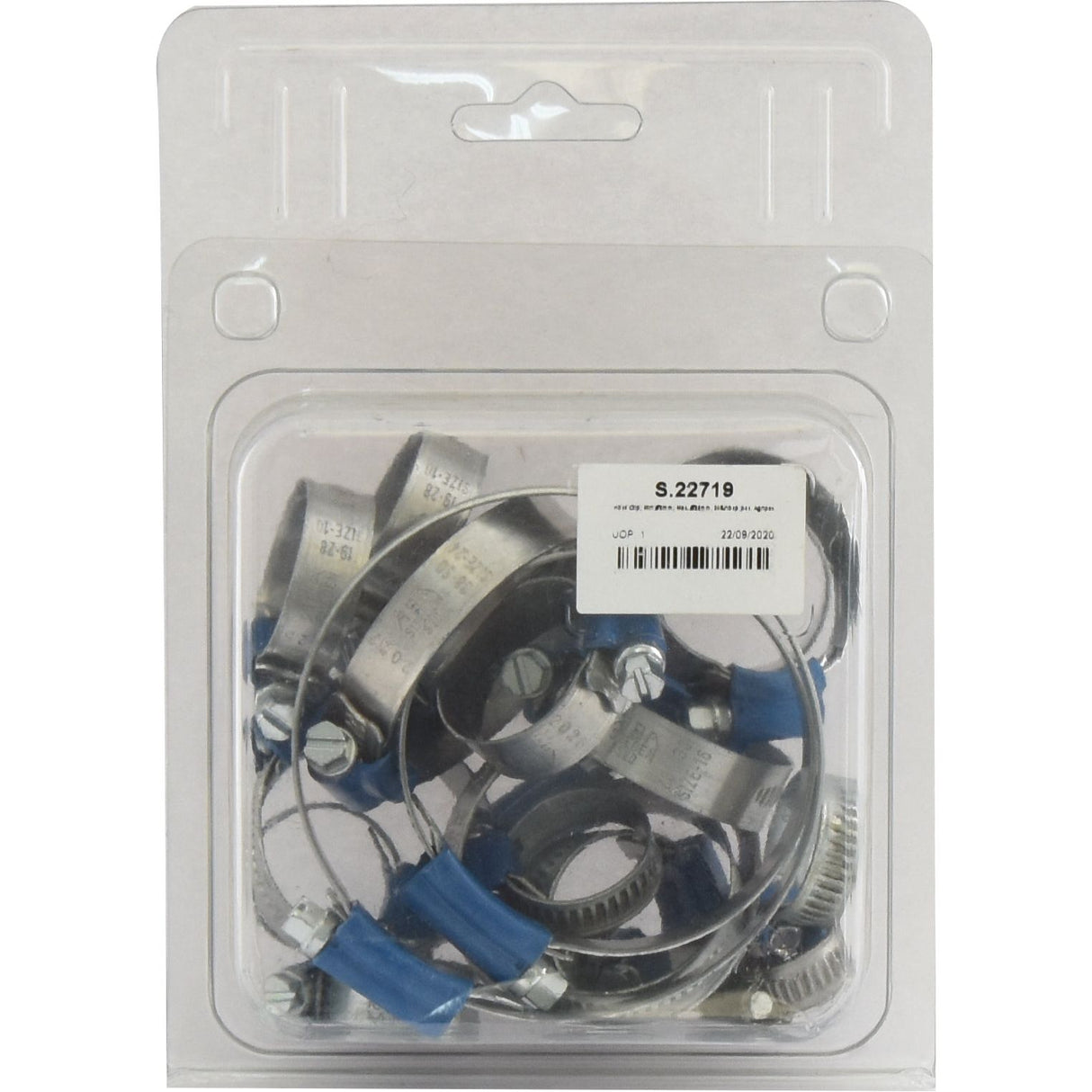 A clear plastic package from Agripak contains 20 Hose Clips, ranging in size from a minimum diameter of 8mm to a maximum diameter of 85mm, each equipped with screws for tightening. A white label with a barcode and product code "S.22719" is affixed to the package and marked with the Sparex brand.