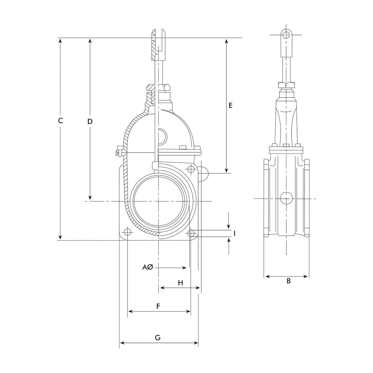 Technical drawing of a Sparex Gate valve (Double flanged 8'' - S.22802) mechanical component, featuring front and side views with detailed dimensional measurements labeled A to I. Includes specifications for the double flanged design and a pressure rating of 1.5 Bar.