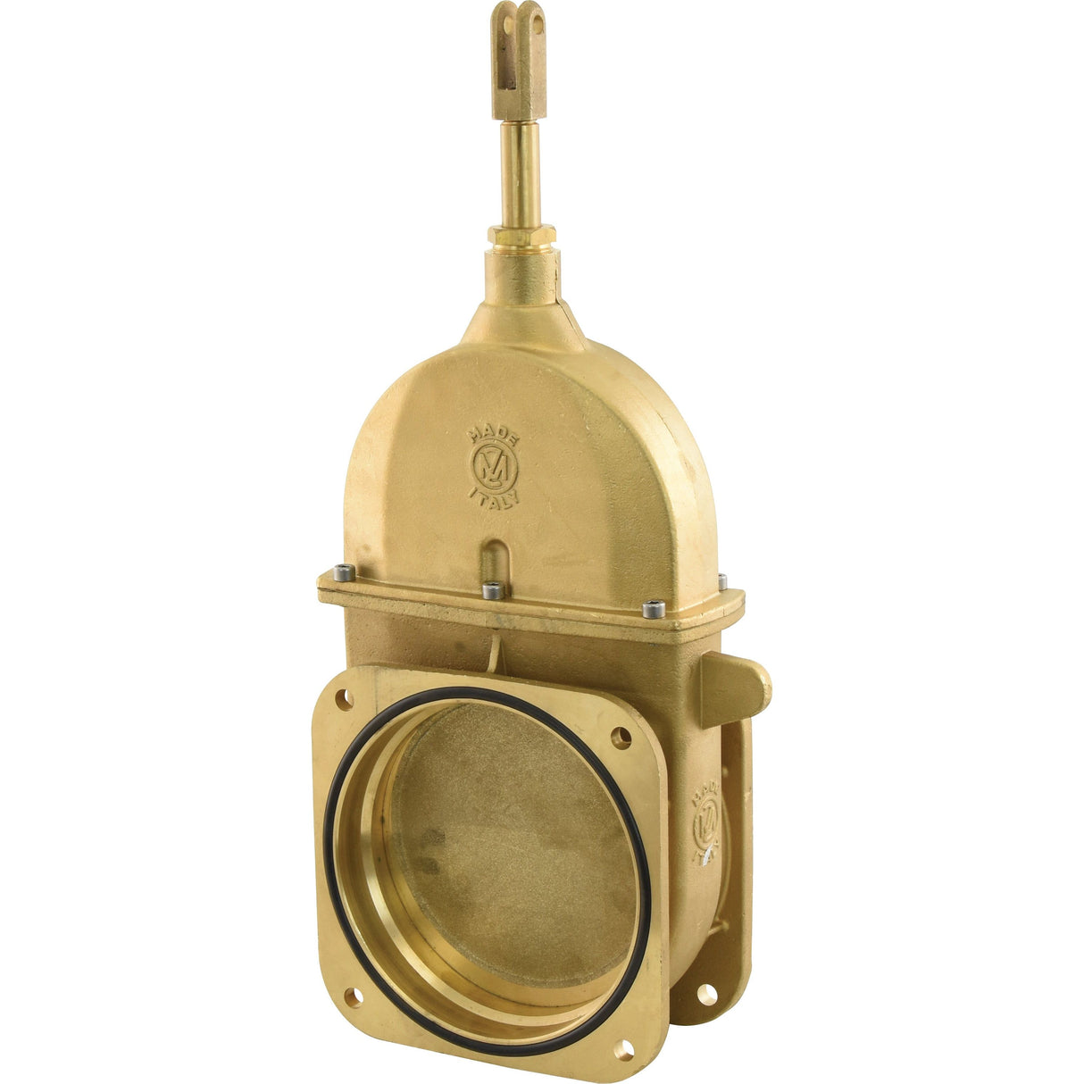 The Gate valve - Double flanged 8'' - S.22802 by Sparex is a brass gate valve featuring a double flanged design and circular opening, with a threaded stem and bolted cover. It is suitable for applications up to 1.5 Bar.