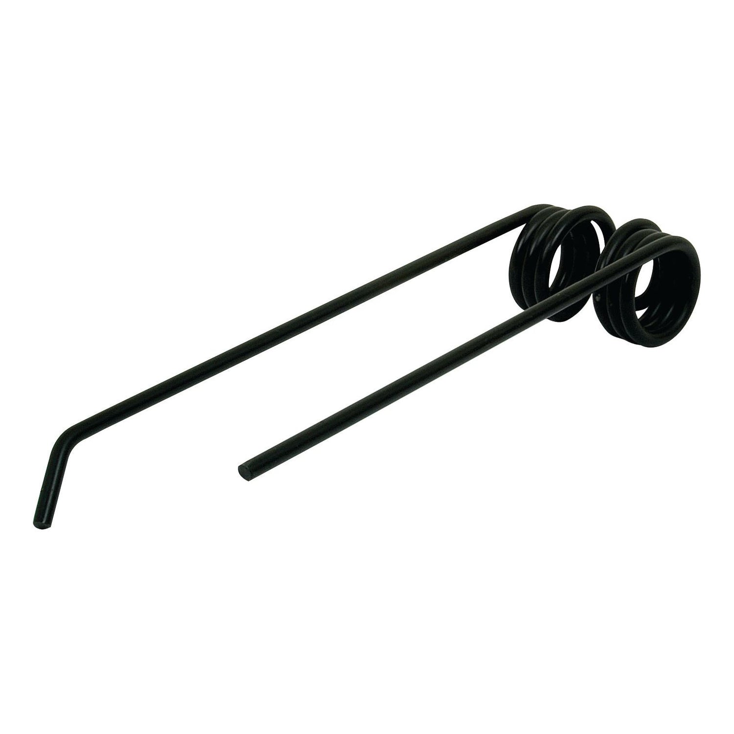 A black metal torsion spring with two coils and two extended arms, one of which is bent at the end, designed as a Primary OE Reference compatible with Lely ROTONDE models. Officially titled as Tedder haytine - LH with dimensions of 365mm in length, 90mm in width, and an Ø8mm diameter, it's available under Sparex Part No. S.22836 as a replacement fitting for Lely's part number 4.1023.0457.0 by the brand Sparex.