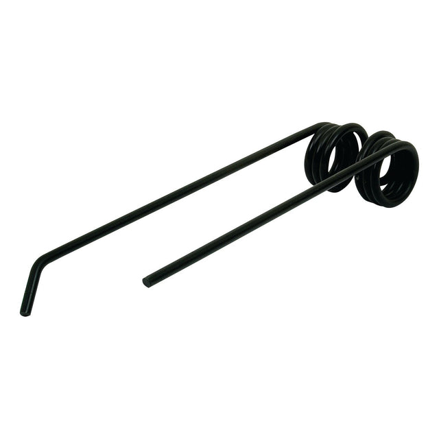 A black metal torsion spring with two coils and two extended arms, one of which is bent at the end, designed as a Primary OE Reference compatible with Lely ROTONDE models. Officially titled as Tedder haytine - LH with dimensions of 365mm in length, 90mm in width, and an Ø8mm diameter, it's available under Sparex Part No. S.22836 as a replacement fitting for Lely's part number 4.1023.0457.0 by the brand Sparex.