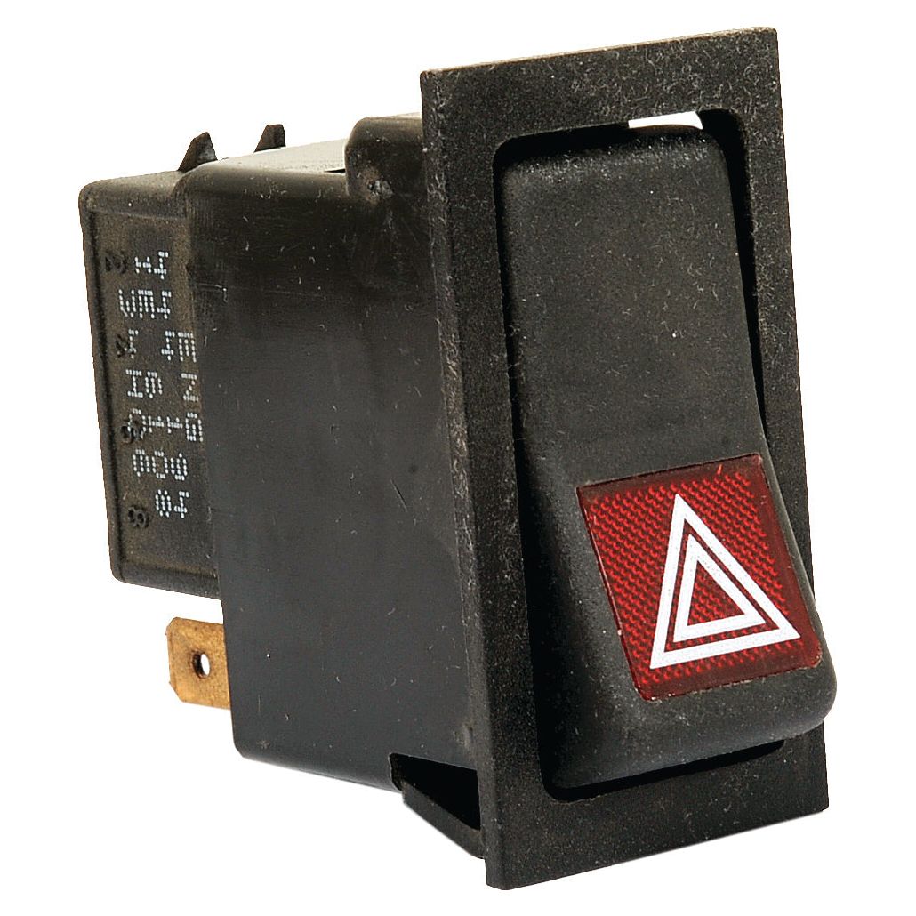 The Sparex Rocker Switch - Hazard, 2 Position (On/Off) (S.23154) is a black plastic automotive hazard light switch with a red triangular warning symbol on the button. It features a latching switch mechanism and is compatible with 12V DC systems. This durable design has an IP65 rating for enhanced durability.