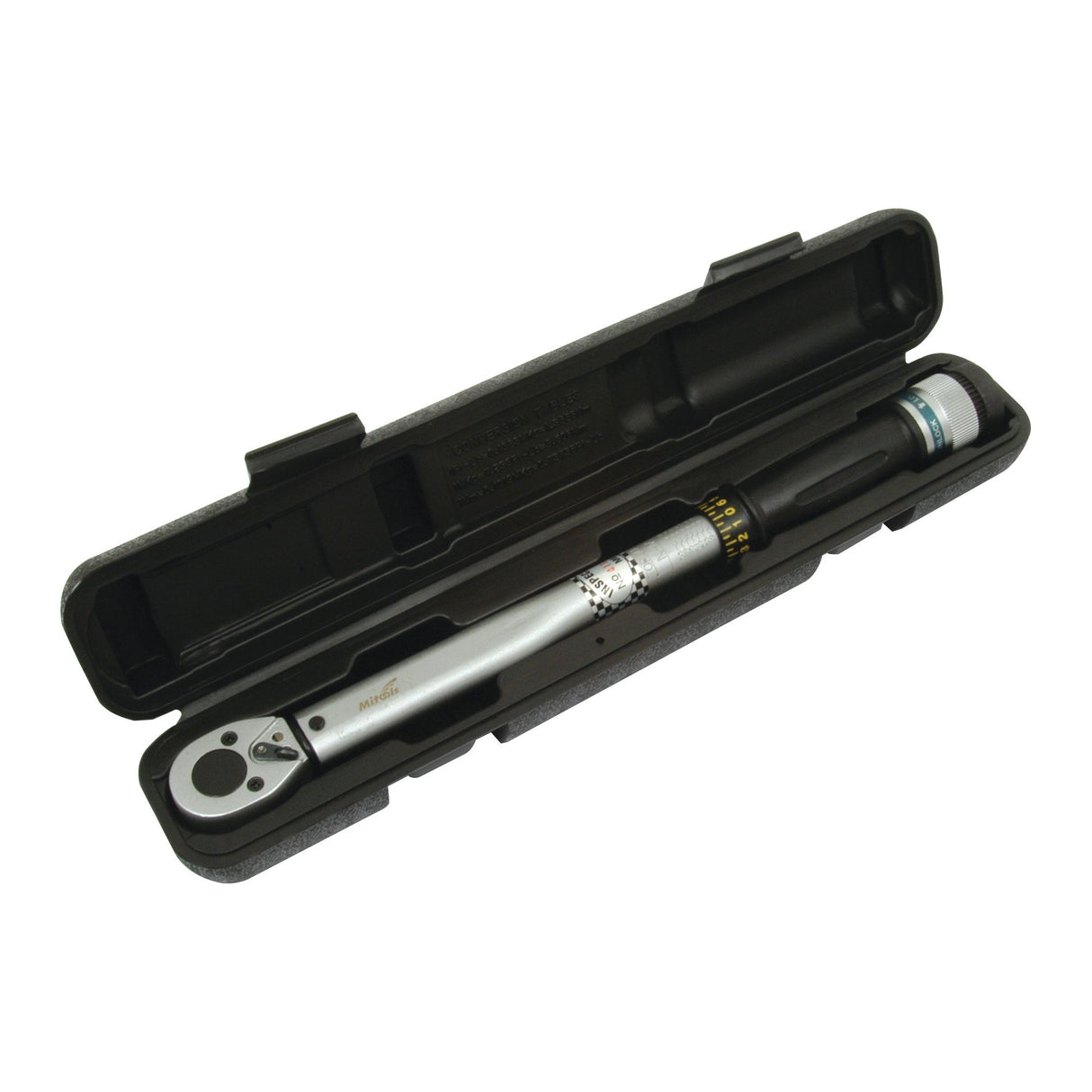 A Sparex Analog Wrench 3/8'' - S.23325, designed to measure Torque 20-110Nm, rests securely in a black plastic case.