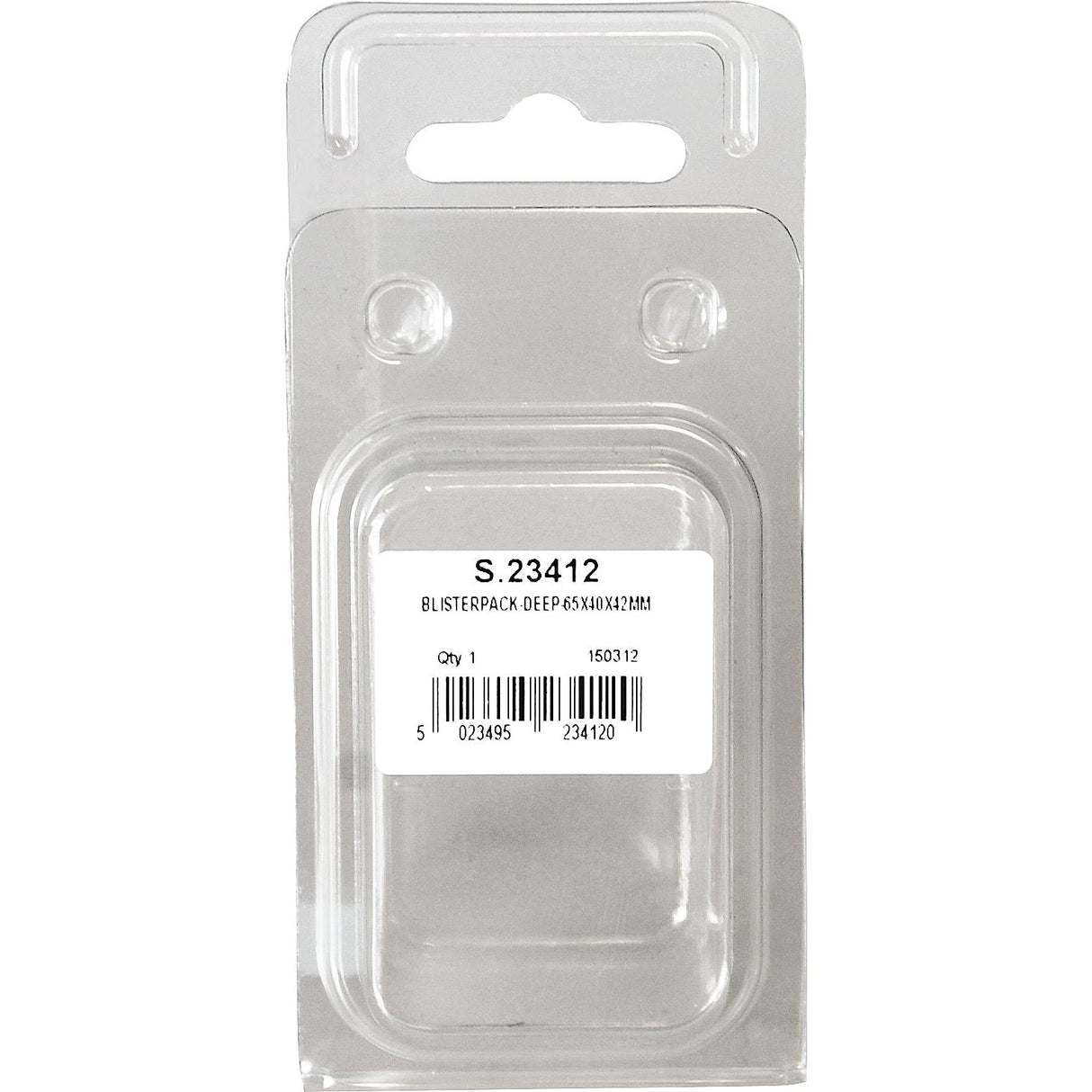 Transparent plastic blister packaging with a label displaying "Sparex S.23412," "Snappack - Deep (65 x 40 x 42mm)," "Qty 1," "150312," and barcodes.