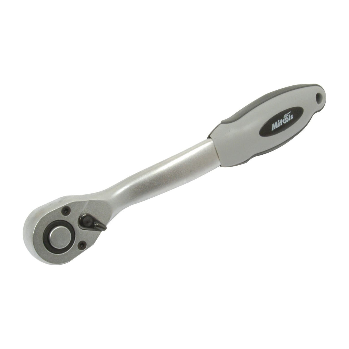 A silver ratchet wrench with a black and gray handle labeled "Sparex," featuring a Quick Release Curved Ratchet Handle, specifically the Quick Release Curved Rachet Handle 3/8'' | Sparex Part No. S.23447, placed on a plain white background.