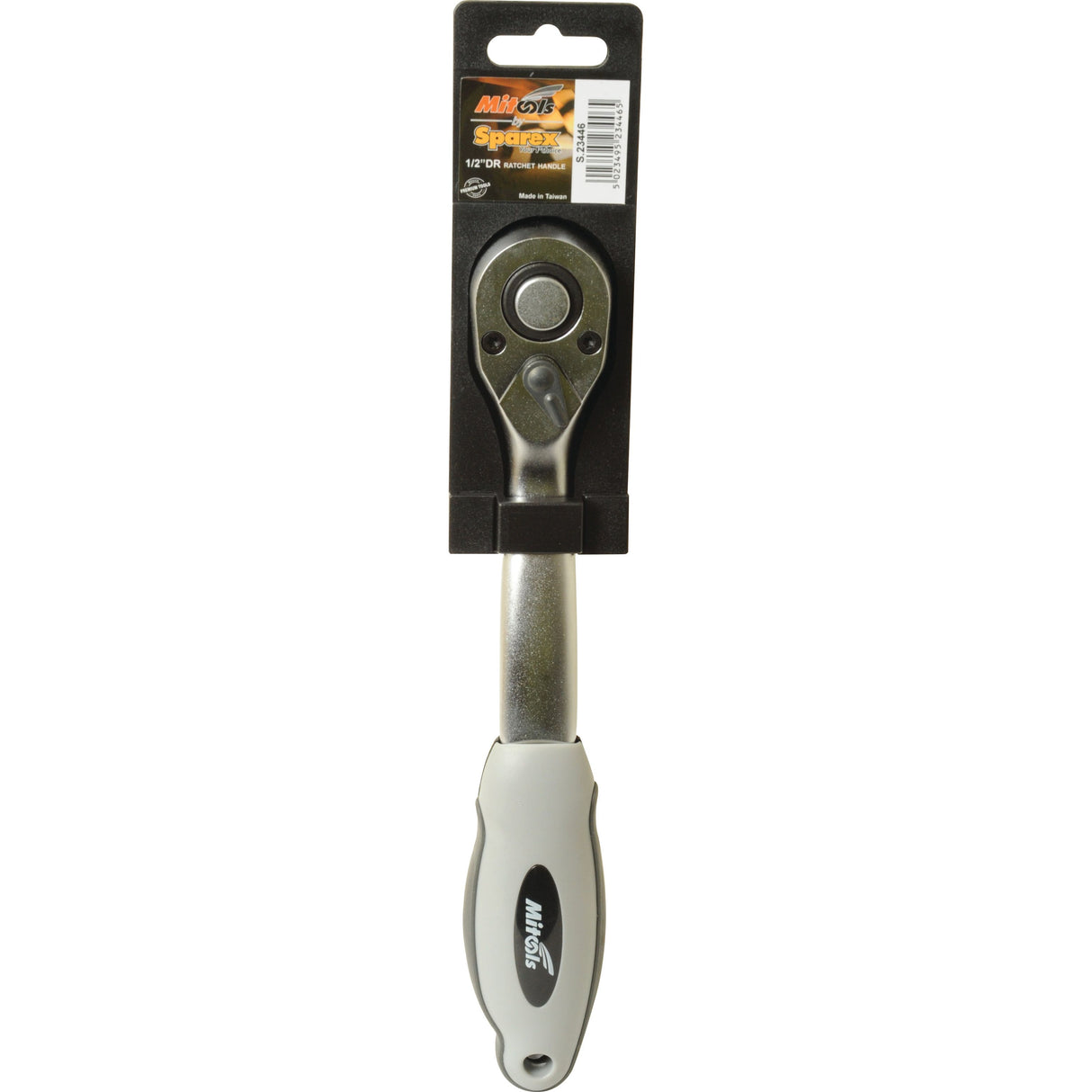 A metallic ratchet wrench with a gray Quick Release Curved Rachet Handle is displayed in its original packaging, labeled "Quick Release Curved Rachet Handle 3/8''" by the brand "Sparex.