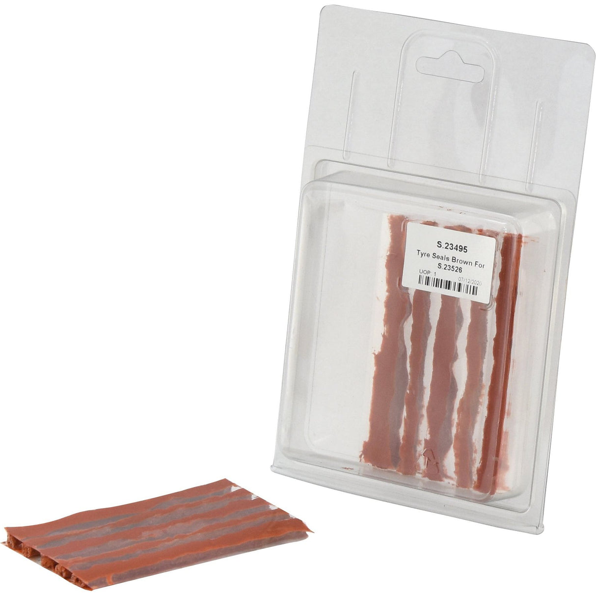 A package of brown tire seals labeled "Tyre Seals (Brown), For S.23526 | Sparex Part No.S.23495" with one seal placed outside the packaging.