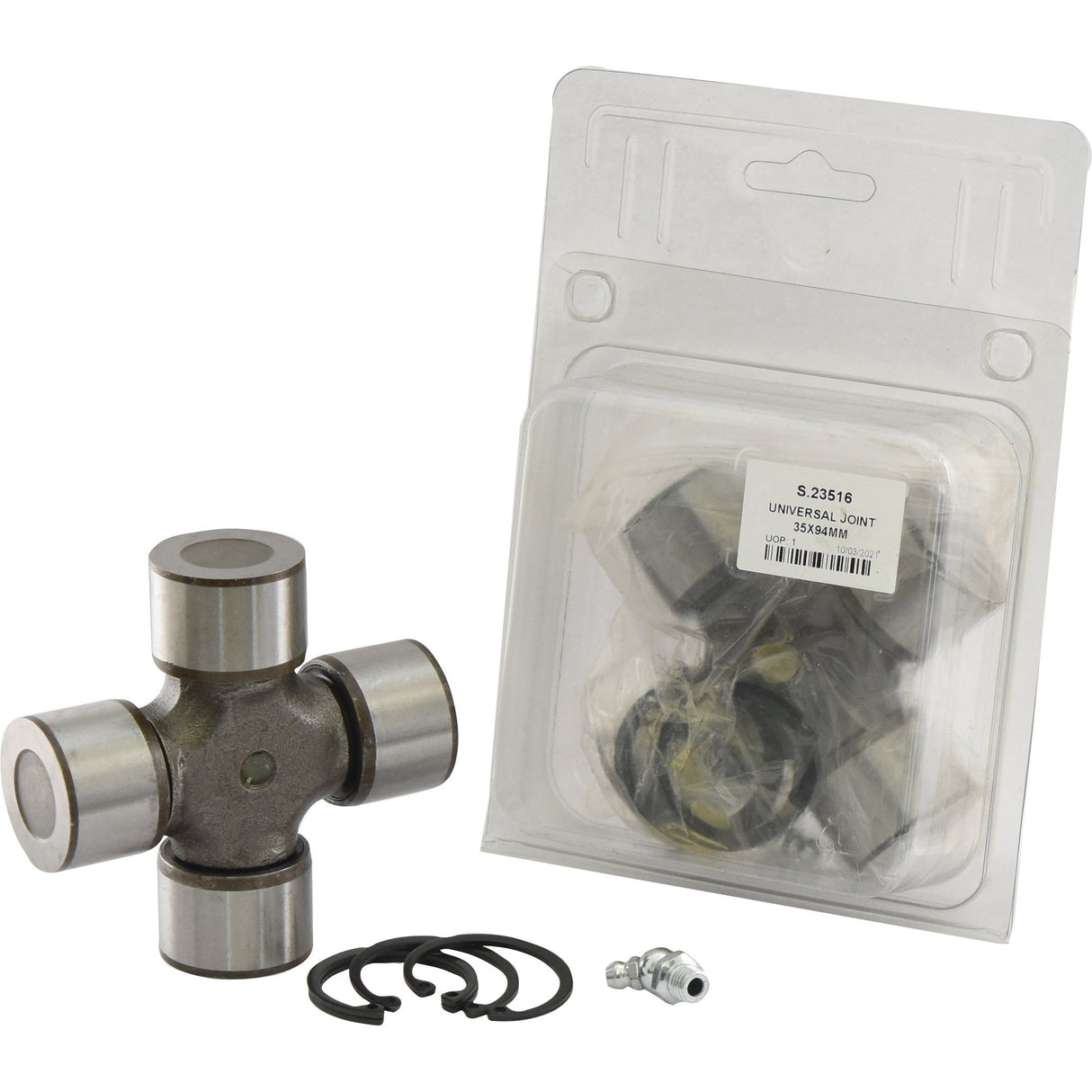 A Sparex Universal Joint 34.0 x 94.0mm (Part No. S.23516), complete with retaining clips and a grease nipple, is displayed alongside its transparent packaging, highlighting its high-quality components.