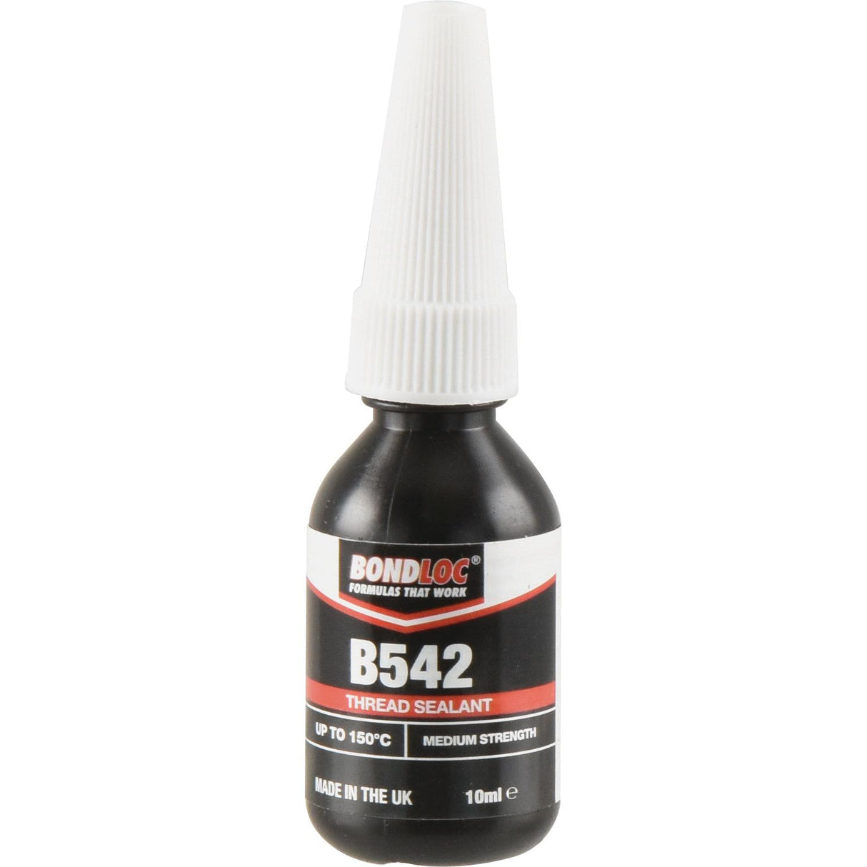 A small, black bottle of Sparex BondLoc B542 Hydraulic Thread Sealant with a white nozzle. The label indicates medium strength, suitable for up to 150°C, and a volume of 10 ml. Made in the UK.