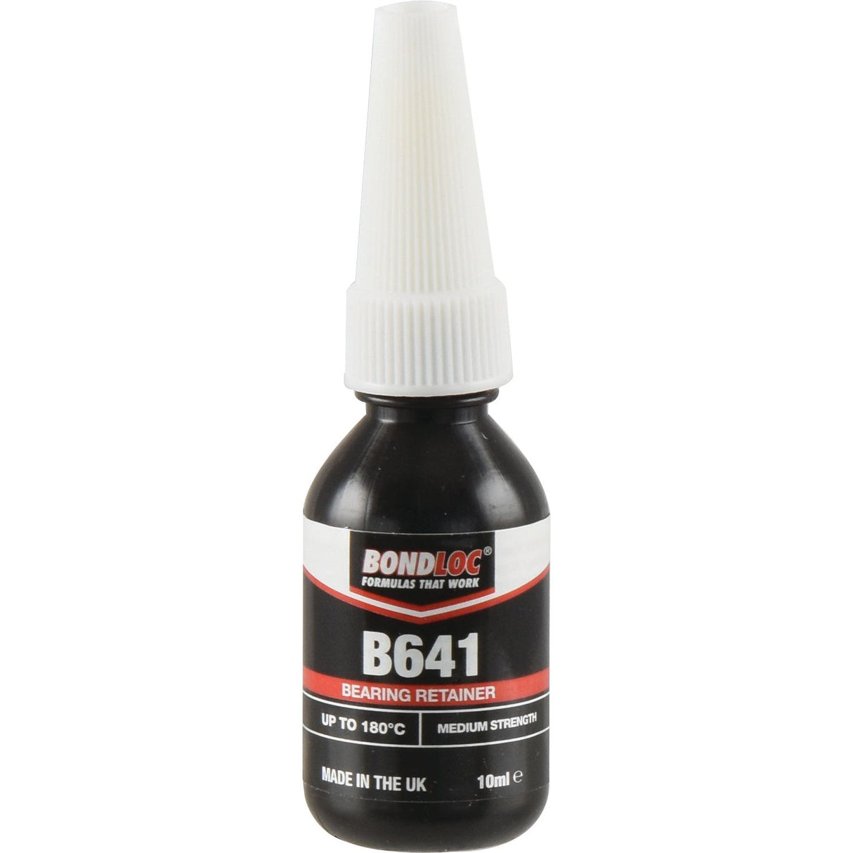 A small bottle of Sparex Bearing Retainer B641 (10ml, S.24097), made in the UK, with a white cap and label indicating its medium-strength retaining compound ideal for cylindrical fitting parts and temperature resistance up to 180°C.