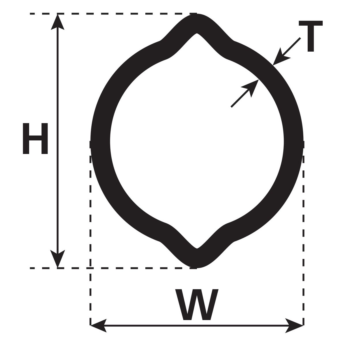 Technical diagram illustrating a cross-sectional view of a shaped object with labeled dimensions: Height (H), Width (W), and Thickness (T). The object resembles a Sparex PTO Tube - Lemon Profile, dimensioned at 40 x 34.5 x 4mm, with a length of 1 meter - S.24190.