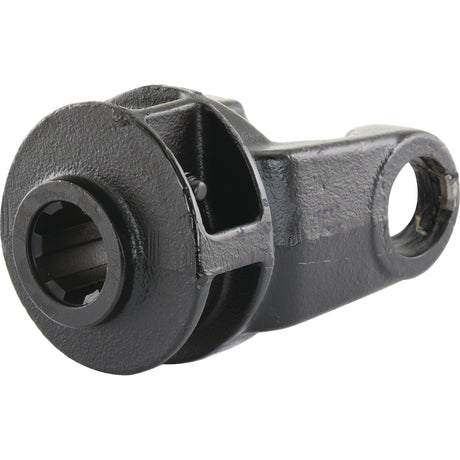 Close-up of a metallic, industrial machine part—specifically the PTO Yoke - Quick Release (U/J Size: 30.2 x 79.4mm) from Sparex—with a cylindrical end and a hole in the other end. The part appears dark grey with a textured surface, showcasing Sparex's robust manufacturing.