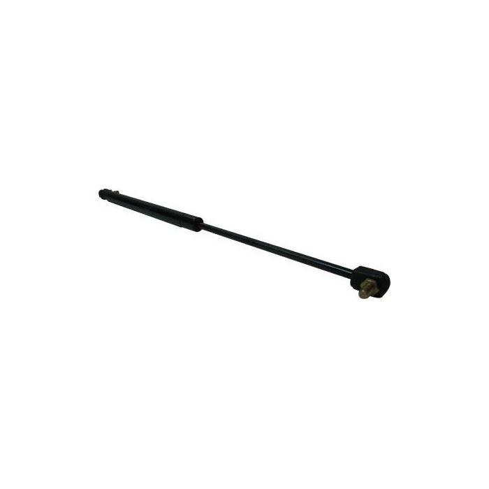 Image of a black AGCO gas strut with a cylindrical body, an attached rod, and mounting brackets on each end, perfect for Massey Ferguson machinery (Door Strut - 3904695M1).