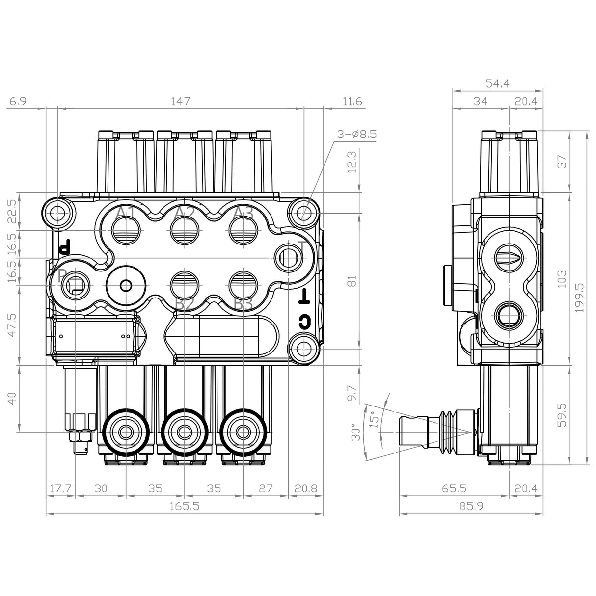 Technical drawing of the Sparex Hydraulic Monoblock Valve 3/8'' BSP Ports 3 Bank (45 L/min Flow Rate) | Sparex Part No. S.24442, showing front and side views, multiple circles and rectangles, including sections for spool placement and relief valve setting, with various lines indicating measurements in millimeters.