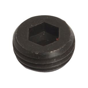 Close-up of the Sparex - Closed Centre Plug, a black, round head, hex socket set screw with threading, commonly used in mechanical and industrial applications, compatible with Sparex 3/8'' & 1/2'' Monoblock Valve systems (Sparex Part No. S.24453).