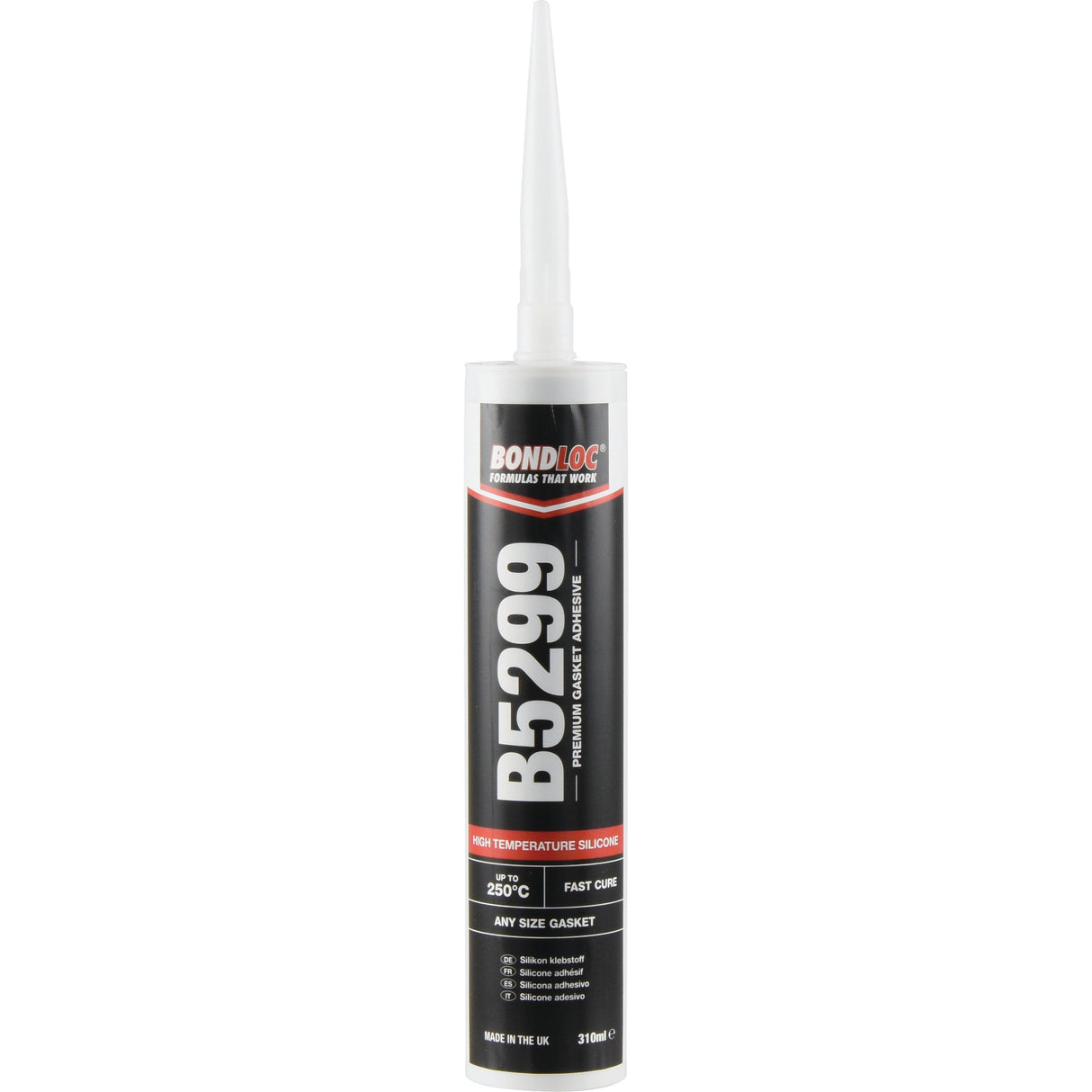 Here is the rewritten sentence using the provided product data:
A Sparex Silicone Sealant, High Temperature B5299 - 310ml (S.24660) tube with a pointed nozzle for application. The black tube, detailed in white text, provides specifications and usage instructions. Ideal as a sealant for creating durable gaskets.