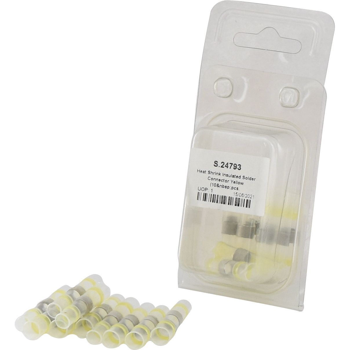 Pack of Heat Shrink Insulated Solder Connectors in yellow, Sparex part number S.24793. The pack, branded by Sparex and labeled as Agripak, contains 10 units designed to accommodate a maximum wire thickness for reliable connections every time.