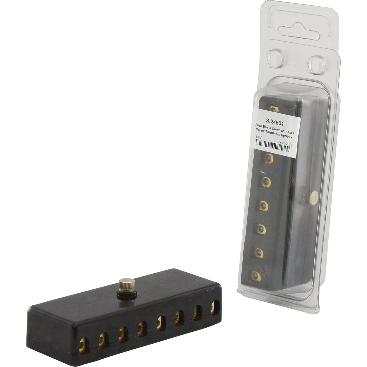 A black component with multiple gold connectors in a plastic package, displayed next to its unopened packaging, resembling a Screw Terminal Fuse Box 8 Fuse (Agripak 1 pc.) by Sparex, Part No. S.24801.