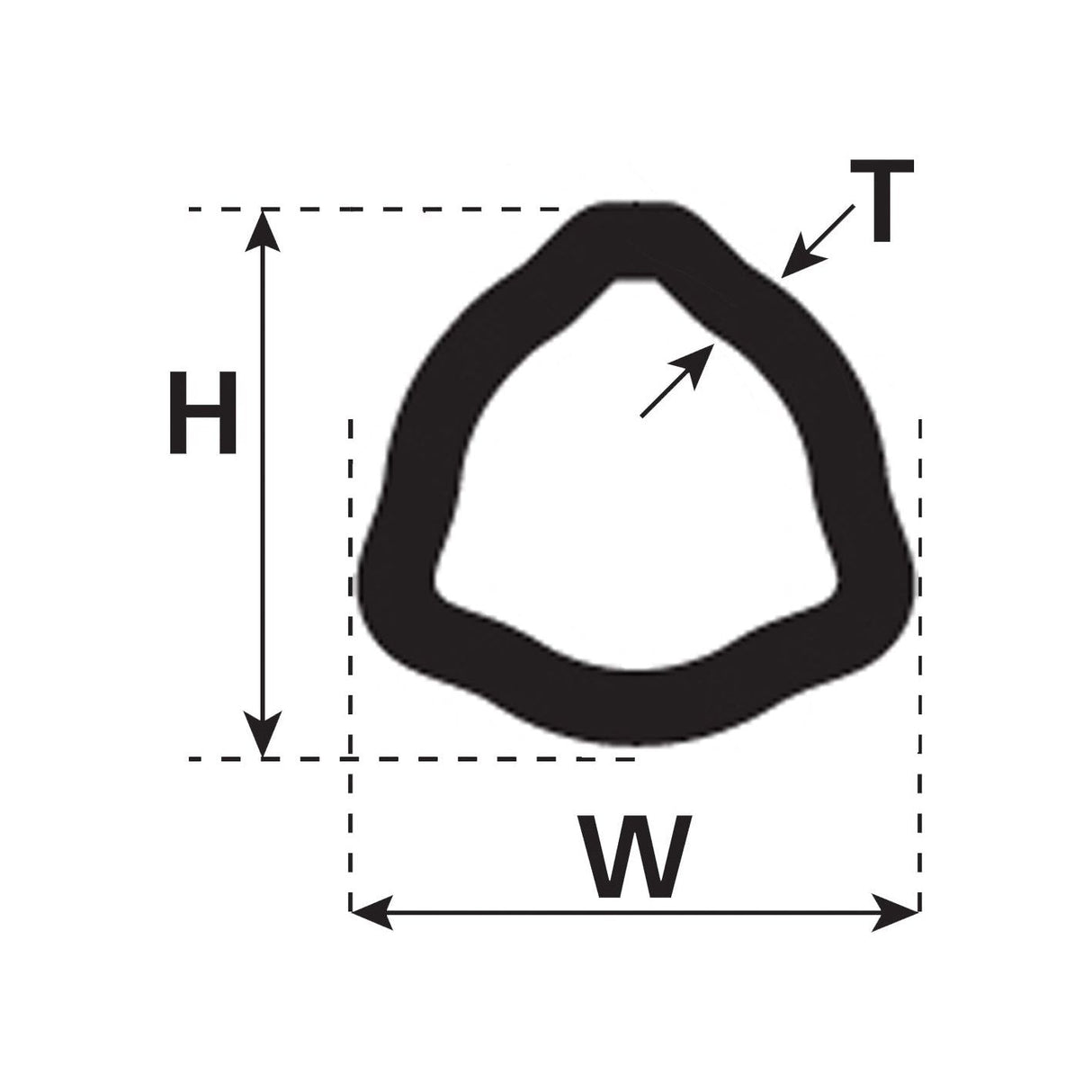 Diagram of a Sparex PTO Tube - Triangle Profile (Length: 1M, Part No: 12511 - S.24818) with measurements: height (H), width (W), and thickness (T). Dotted lines with double-sided arrows indicate dimensions.