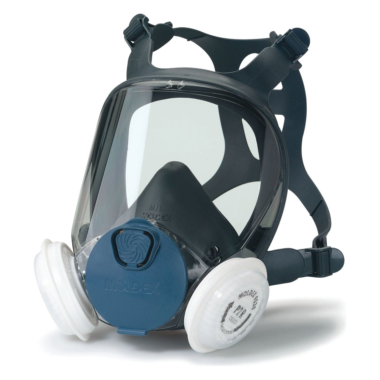 The Moldex Full Mask Respirator, manufactured by Sparex and identified as Part No. S.24871, features a clear shield, adjustable head straps, and dual P2 filters on each side of the mask.