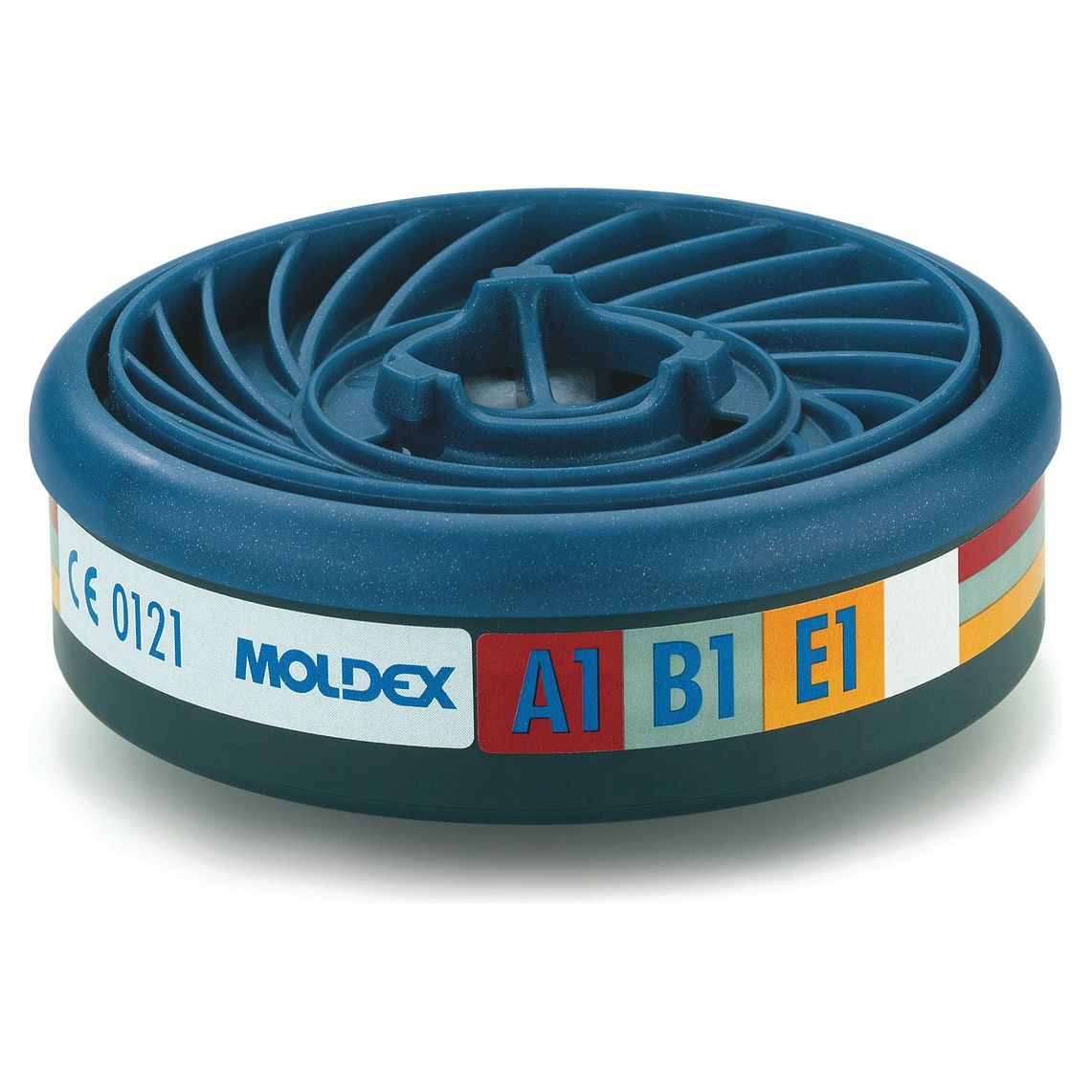 The Sparex RESPIRATOR-CARTRIDGE A1 (PAIR) (Sparex Part No.S.24875) offers reliable respiratory protection with A1 labels. Its circular design features a blue casing and color-coded bands, and it is clearly marked with CE 0121 on the side for quality assurance.