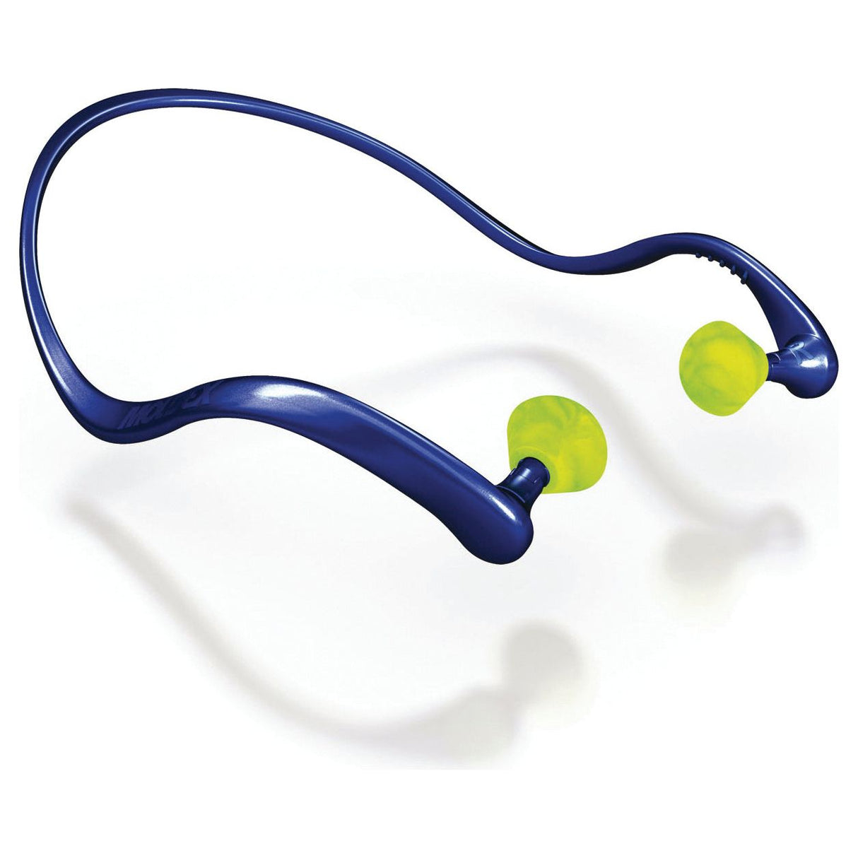 The Sparex Moldex Banded Foam Ear Plug Pods (1 Pair) | Part No.S.24880, feature a blue band with attached yellow earplugs at each end. They are designed for wearing over the head or around the neck, offering comfort with low band pressure and efficient reduction of contact sounds.