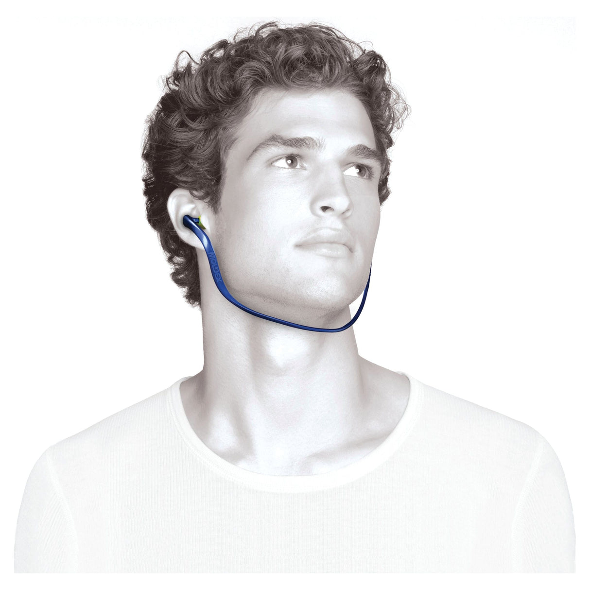A person with curly hair wearing a white shirt and blue Sparex Moldex Banded Foam Ear Plug Pods (1 Pair) | Sparex Part No.S.24880 looks upward slightly. The ear plug pods, designed to be comfortable to wear, are connected by a cord behind the neck.