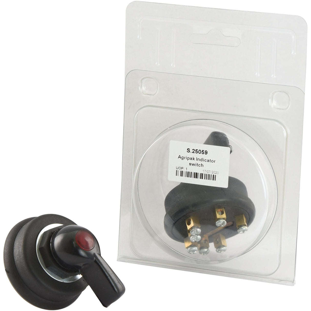A black rotary switch with a red indicator, showcased outside and inside clear packaging labeled "Sparex Part No. S.25059 - Indicator Switch (Agripak 1 pc.).