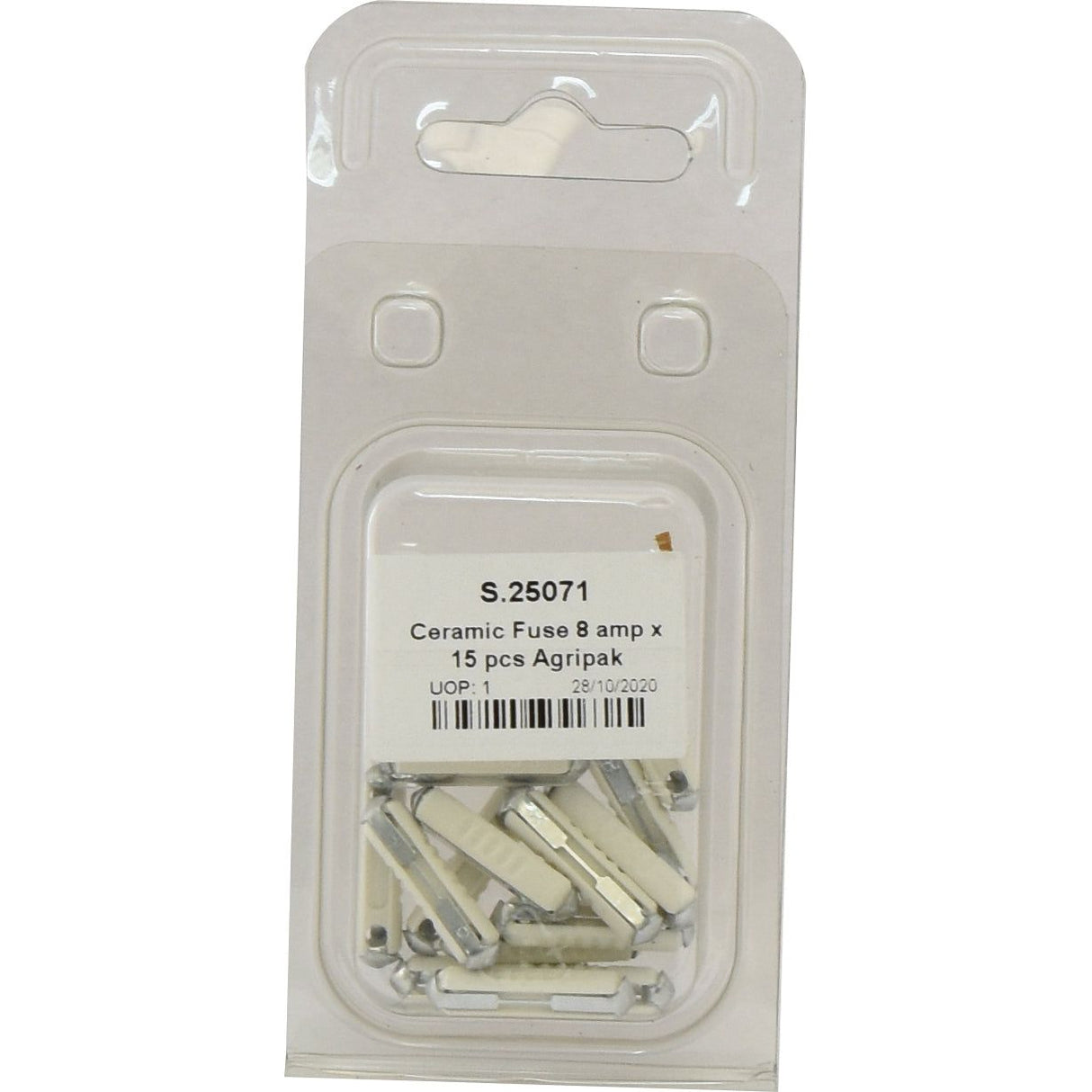 Package of 15 ceramic fuses with an 8 amp rating, neatly arranged in a clear plastic packaging labeled "Sparex Part No. S.25071" by Agripak.