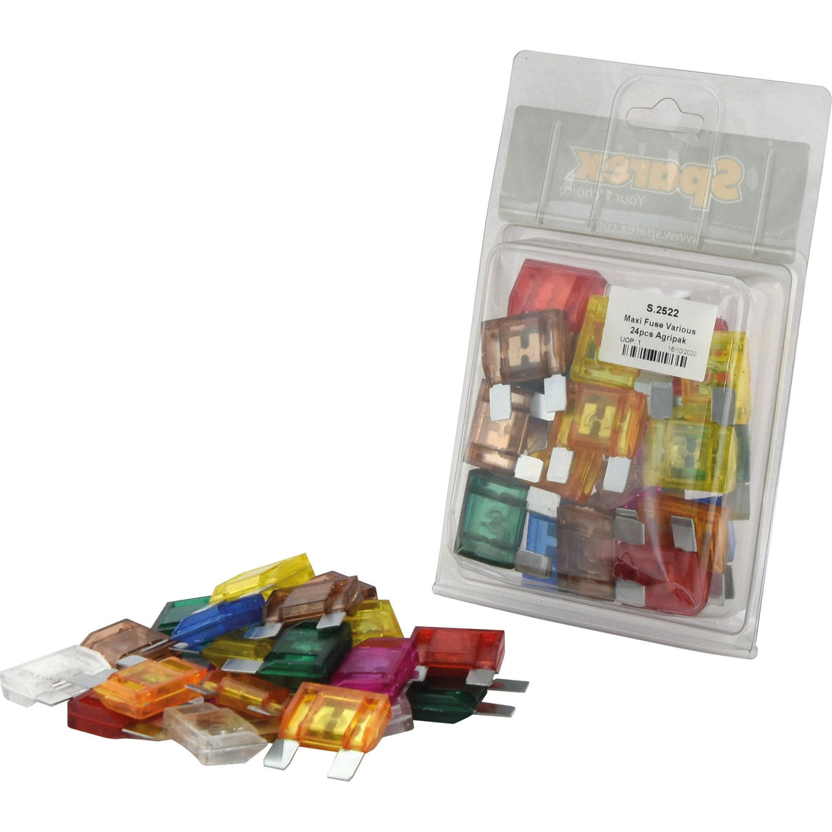 A pack of Maxi Blade Fuses with assorted amperages from 20 to 100, including Sparex fuses, with several spilled out in front. The fuses come in various colors and sizes, and the transparent packaging is labeled Agripak.