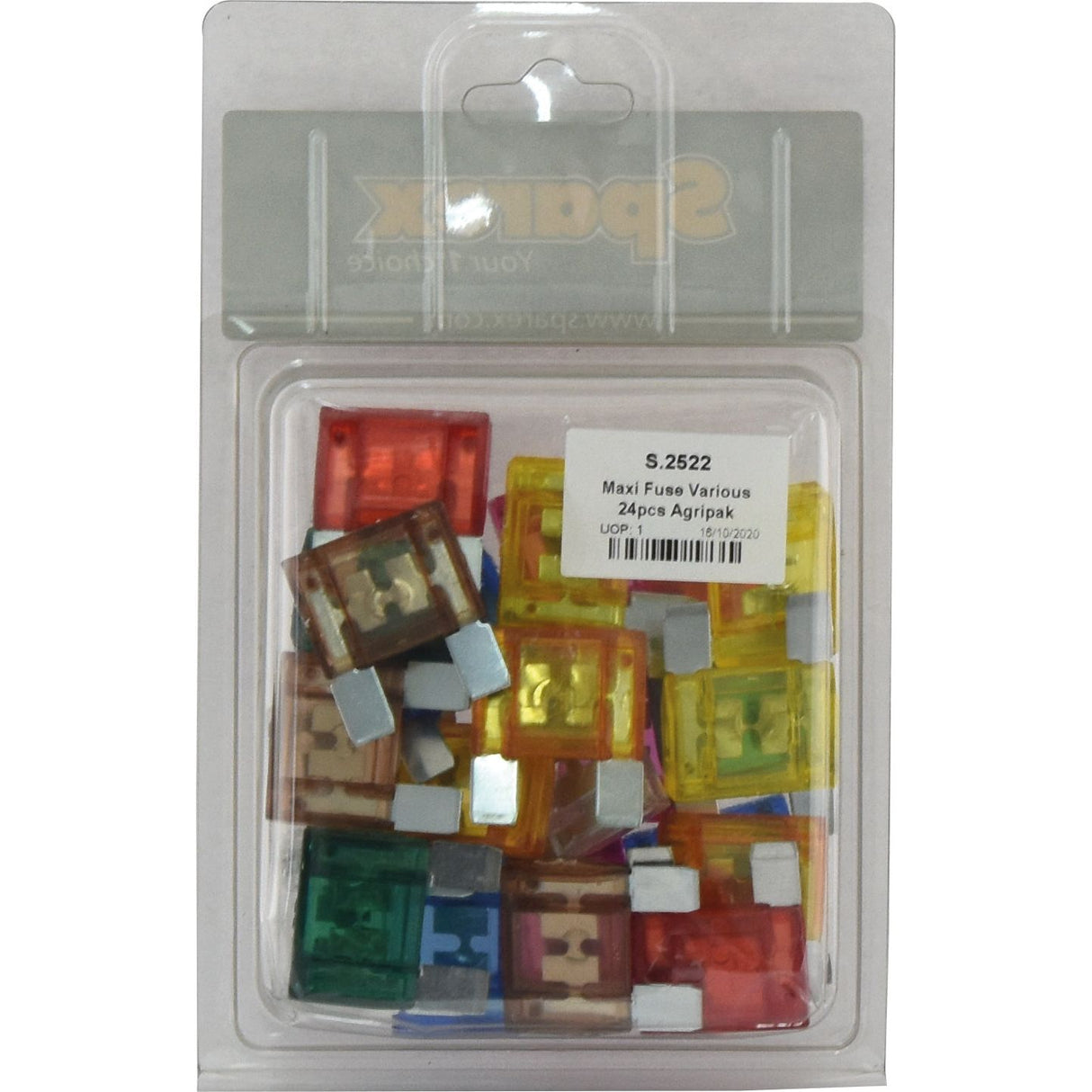 Pack of assorted Sparex maxi blade fuses in various colors, labeled "Maxi Blade Fuse 20, 30, 40, 50, 60, 70, 80, 100 Amps Assorted x 24 pcs. Agripak | Sparex Part No.S.2522".