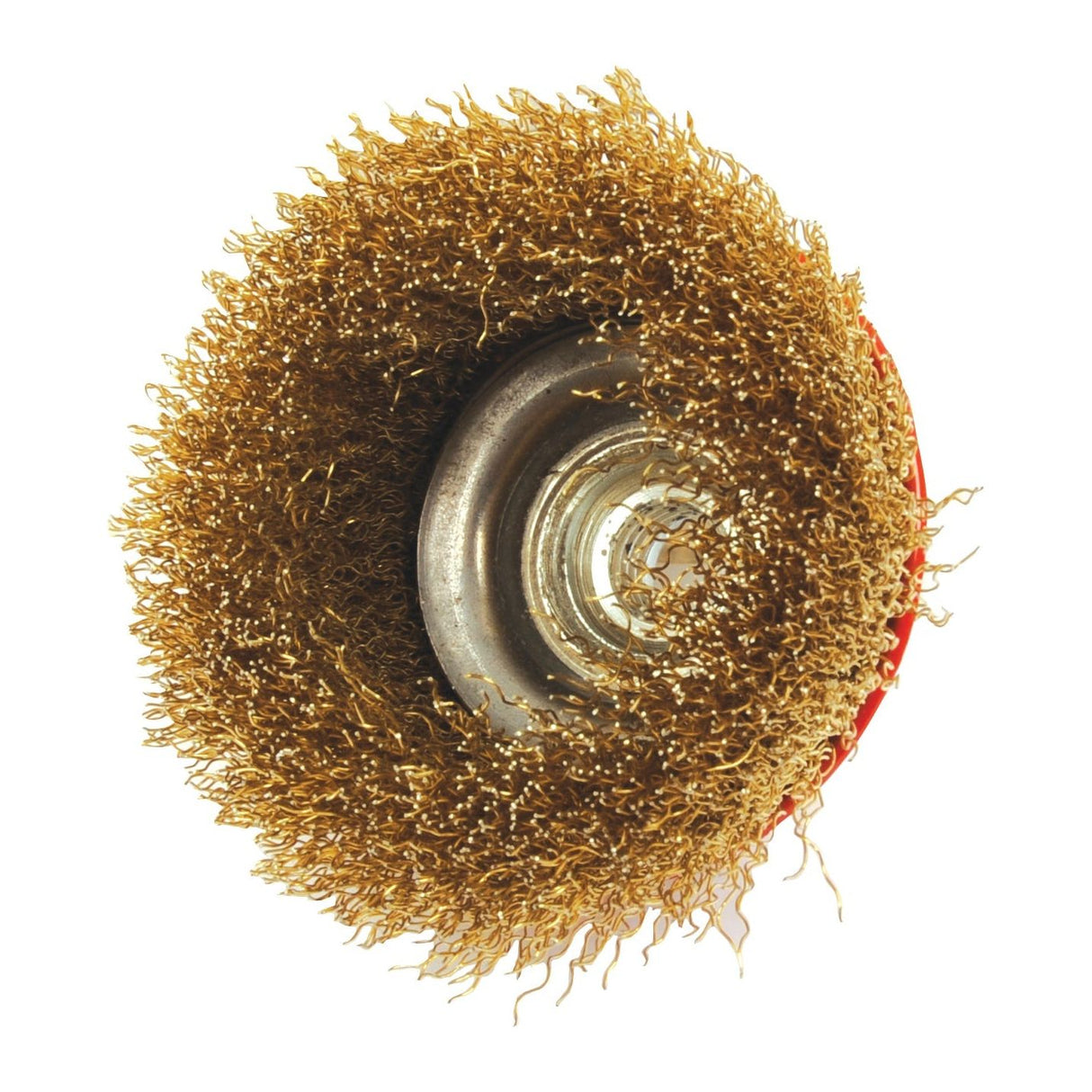 Close-up view of a Sparex Crimp Cup Wire Brush 75mm (Part No. S.25362) attachment for power tools, featuring densely packed brass-dipped bristles that form a circular shape around a central metal hub.