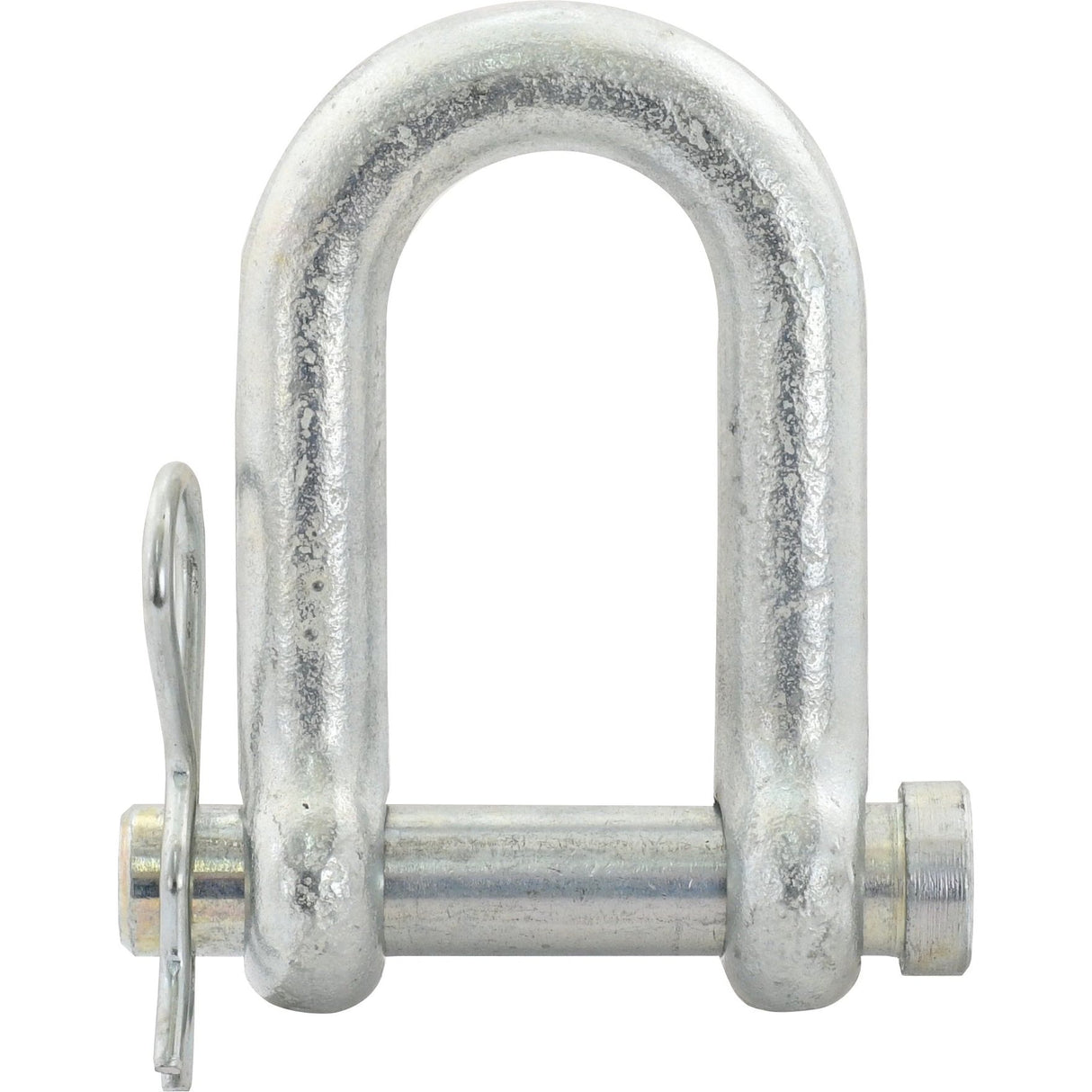 The D Shackle, Pin⌀19mm, Jaw Width: 48mm - S.25400 by Sparex, a zinc-plated silver metallic D-shackle made from mild steel with a threaded pin and retaining clip, is shown against a white background.