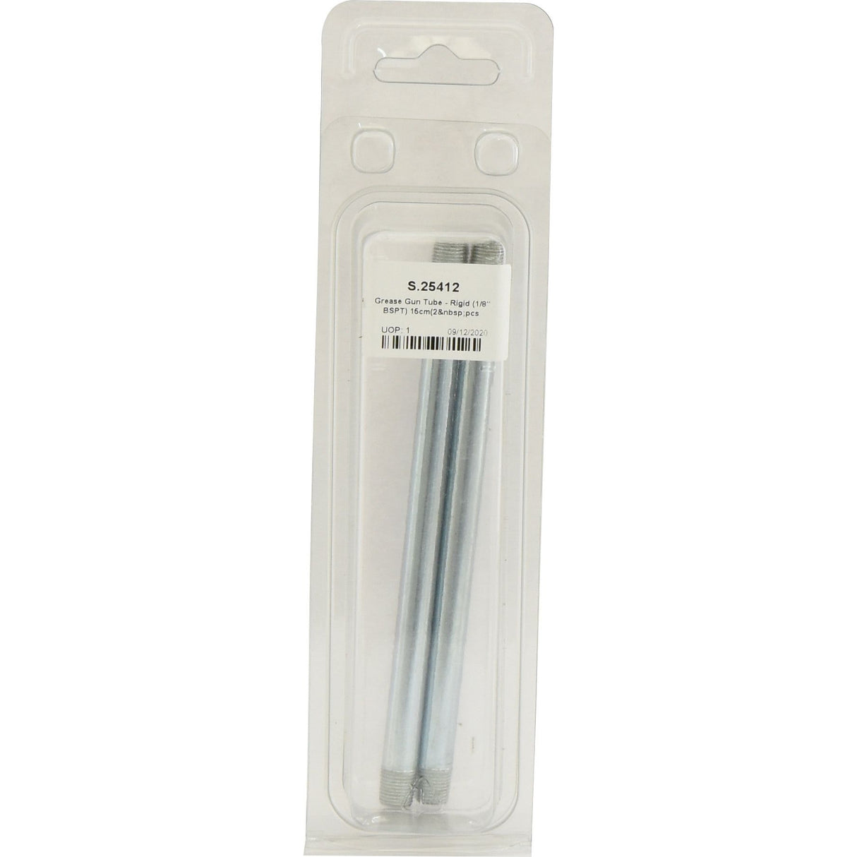 Two silver bolts in clear plastic packaging with a white label displaying code S.25412 and product description, perfect for use with your rigid BSPT fittings or Grease Gun Tube applications.
Here's a revised version:
A set of two silver bolts, neatly enclosed in clear plastic packaging with a white label presenting Sparex Part No. S.25412 and product details—a must-have for your rigid BSPT fittings or Grease Gun Tube (1/8'' BSPT) 15cm applications, offered by Sparex.