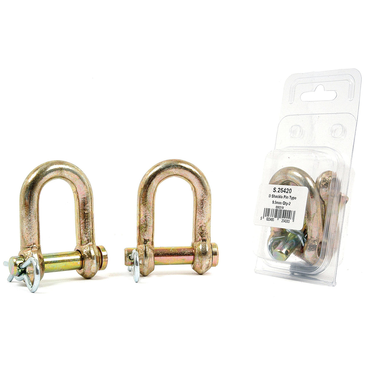 Two metallic D-ring shackles from Sparex, each made from mild steel with a pin diameter of 10mm and a jaw width of 18mm (Product Name: D Shackle, Pin⌀10mm, Jaw Width: 18mm - S.25420), one with a plastic wrapping and product label, placed against a white background.