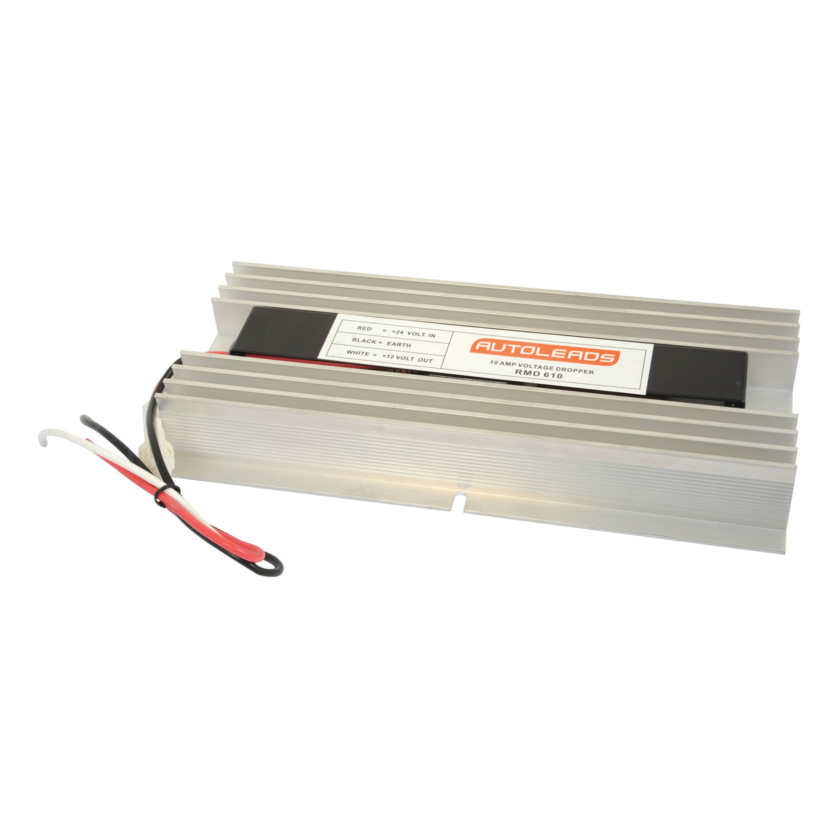 A silver Sparex Voltage Dropper 10 amp 24v to 12v with a ribbed metal casing and attached red, black, and white wires.