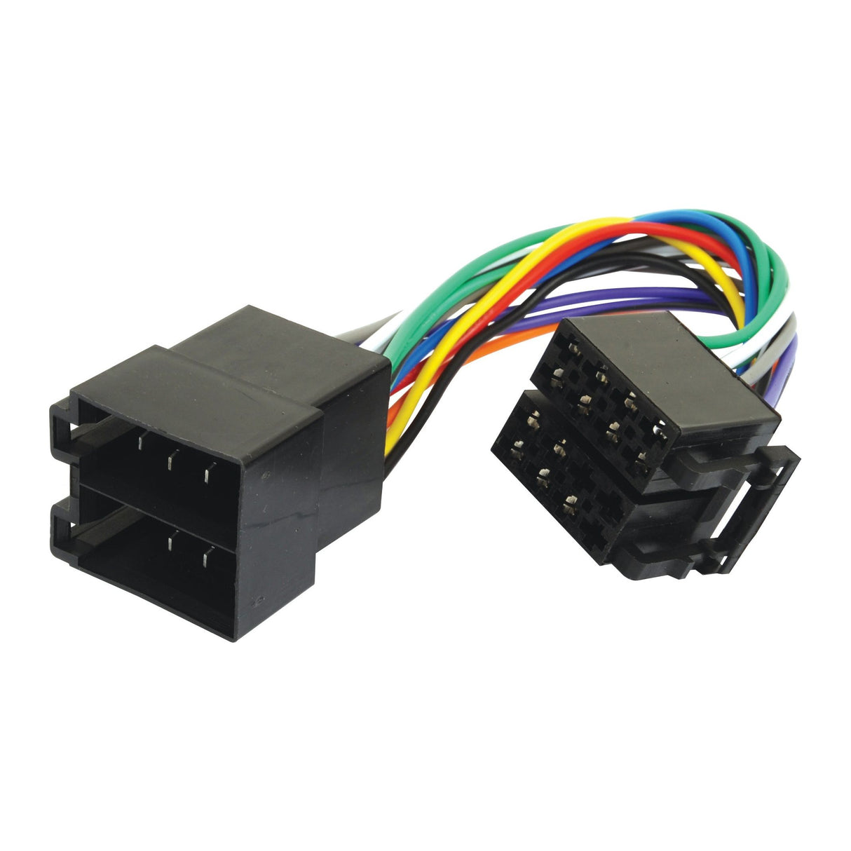 Image of a black plastic electrical wiring harness with multiple colored wires and pin connectors on both ends, featuring the Radio Power Reverse Cable ISO Male to ISO Female Lead (Sparex Part No.S.25751) by Sparex.