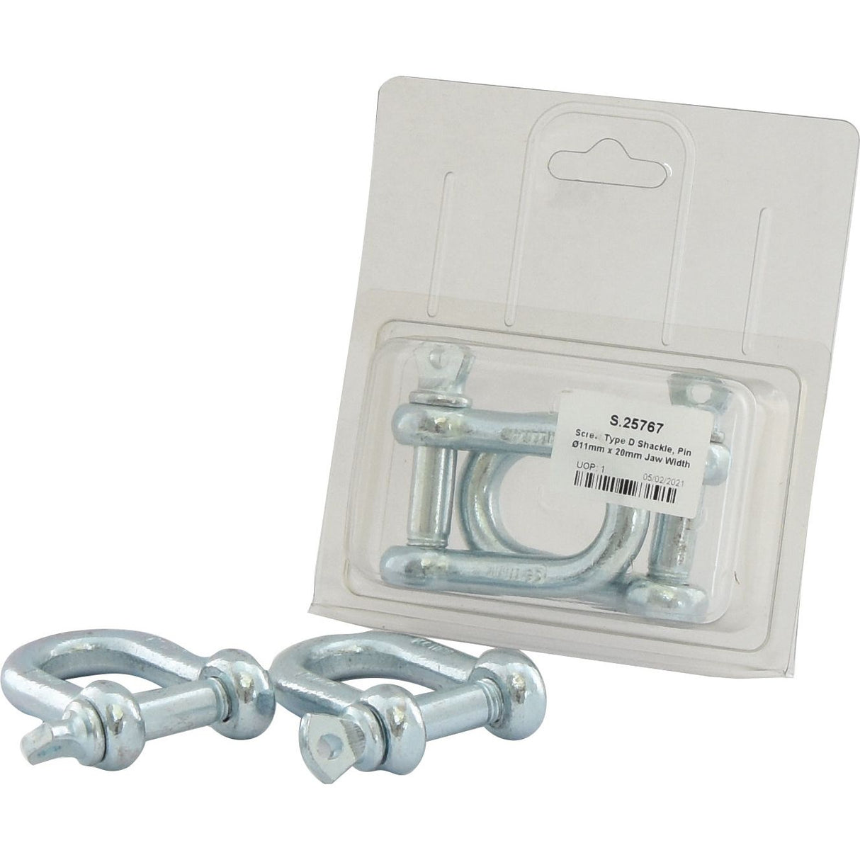 Two silver, galvanized Screw Type D Shackles by Sparex are shown. One shackle, labeled Sparex Part No. S.25767 with a pin diameter of 11mm and a jaw width of 20mm, is packaged as part of a two-piece Agripak set, while the other is unwrapped and placed in front of the package.