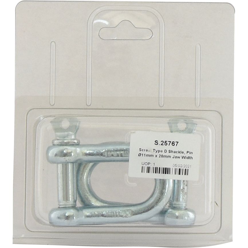 A transparent plastic case containing a Sparex Screw Type D Shackle, featuring an 11mm pin diameter and a 20mm jaw width, with a galvanized finish. The pack includes two pieces, labeled as Sparex Part No. S.25767.