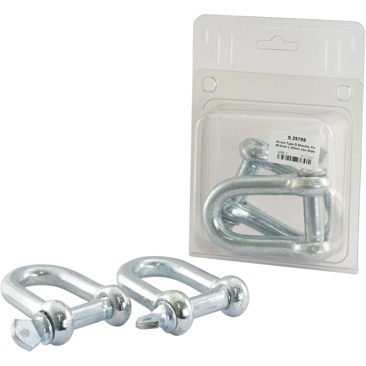 Two screw type D-shackles, crafted from galvanised mild steel, are displayed with one removed from its packaging and one still inside. Featuring a 16mm pin and a 30mm jaw width, they are identified as Sparex Part No. S.25769. These shackle sets under the Sparex brand promise durability and reliability for various applications.