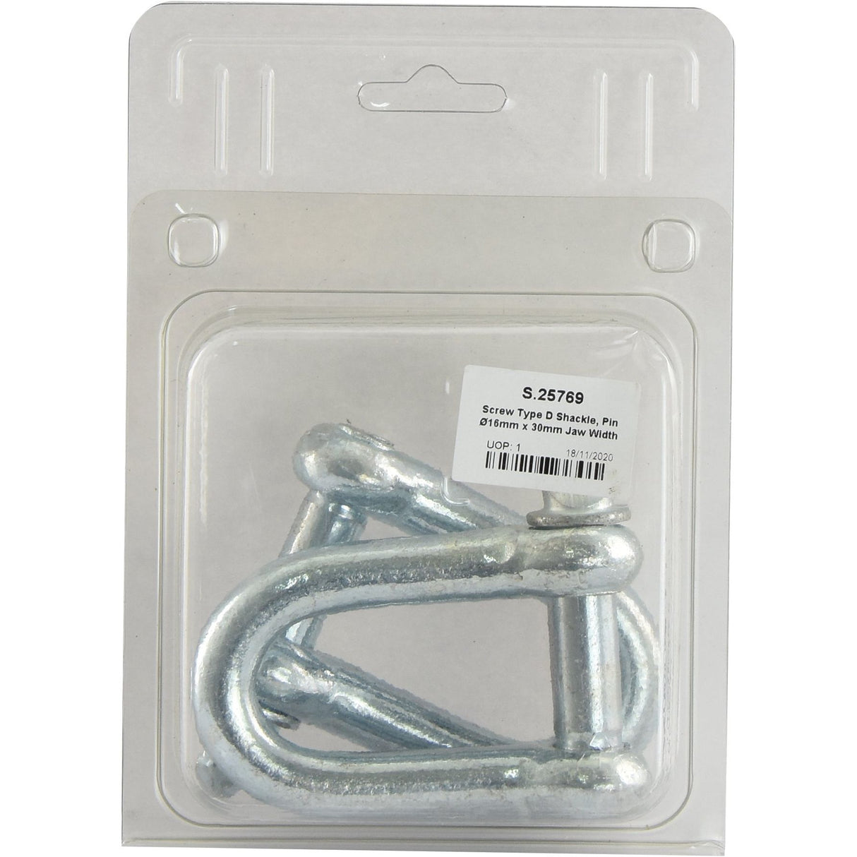 A packaged set of Screw Type D Shackles is displayed. The item, labeled with Sparex Part No. S.25769, includes details on the size: 16mm pin diameter by 30mm jaw width (2 pieces). Made by Sparex, these galvanized mild steel shackles are a robust option for various applications.