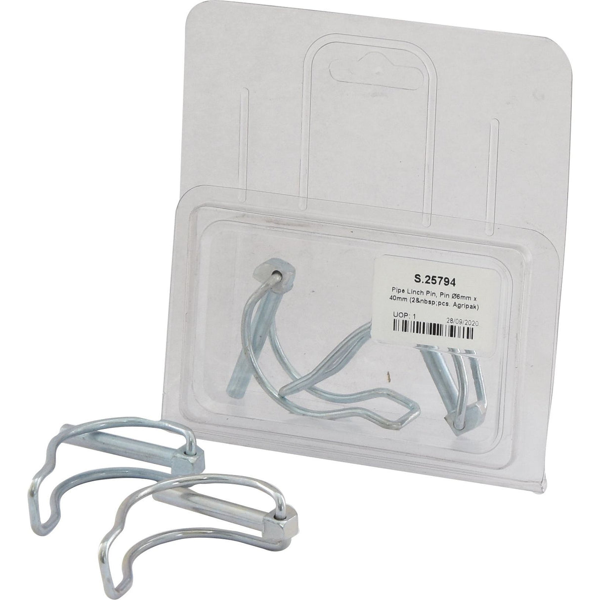 Two Pipe Linch Pins, each with a pin diameter of 6mm x 40mm, are displayed. Additional clips are packaged in a clear plastic case labeled "Sparex Part No. S.25794" attached to a white backing, featuring the Agripak branding.