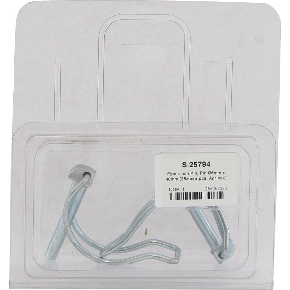 The clear plastic packaging contains two Pipe Linch Pins with a diameter of 6mm and length of 40mm, labeled "Sparex Part No. S.25794," under the Agripak brand.