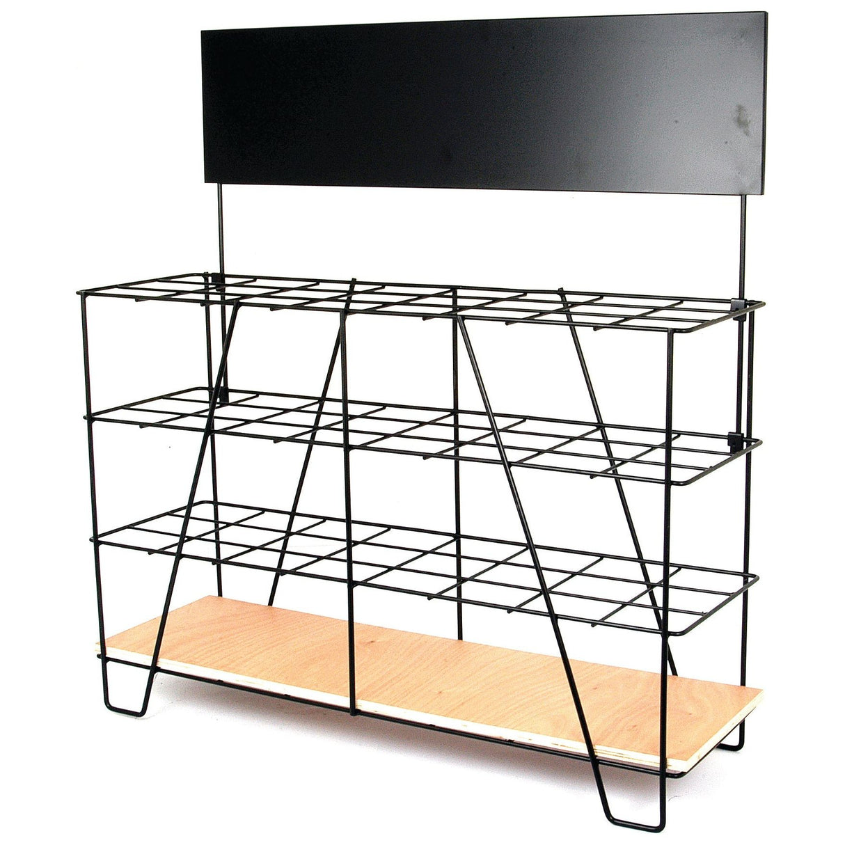 The DISPLAY STAND-PTO TUBING (Sparex Part No.S.25801) from Sparex is a black metal wire rack featuring three shelves, an angled top shelf support, and a wooden base, making it an elegant display stand. Topped with a solid black sign, it's ideal for showcasing Sparex products with style.