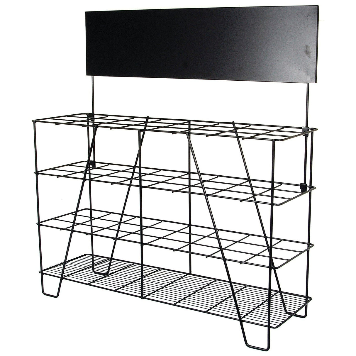 A black DISPLAY STAND-PTO TUBING by Sparex with three tiers and a rectangular sign holder on top (Sparex Part No. S.25801).